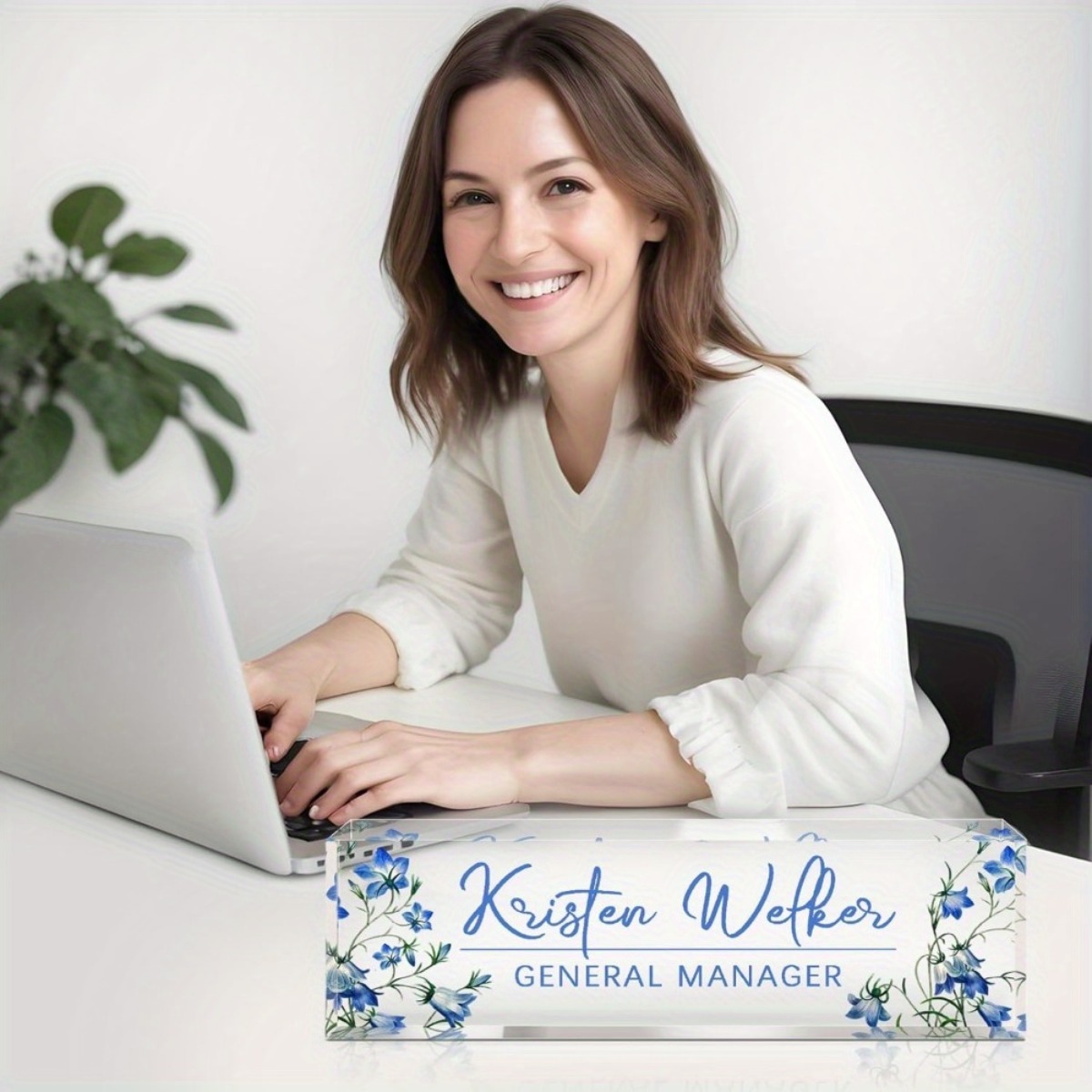 Desk Name Plate - [2D Flat] Blue Floral Theme Custom